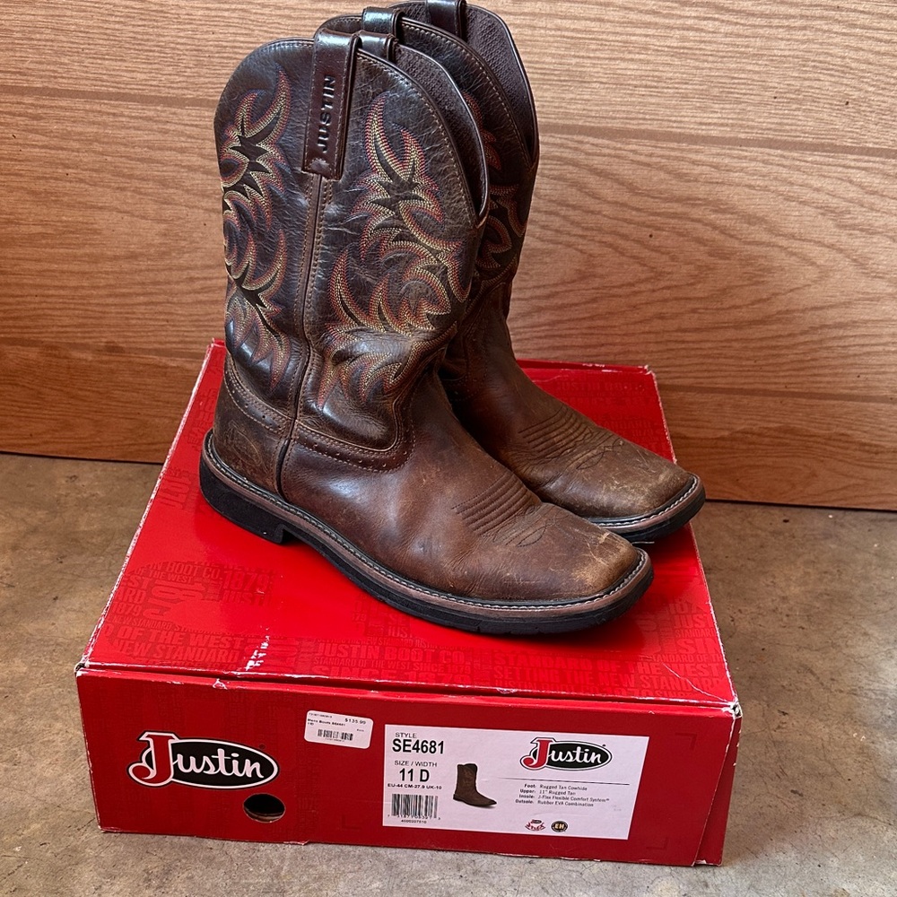 Justin Boots Brown Leather Cowboy Work Boots with Embroidered Shaft